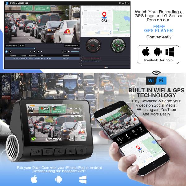3 камера приборной панели автомобиля DVR кулачка WIFI GPS черточки экрана UHD 4K GPS IPS дюйма