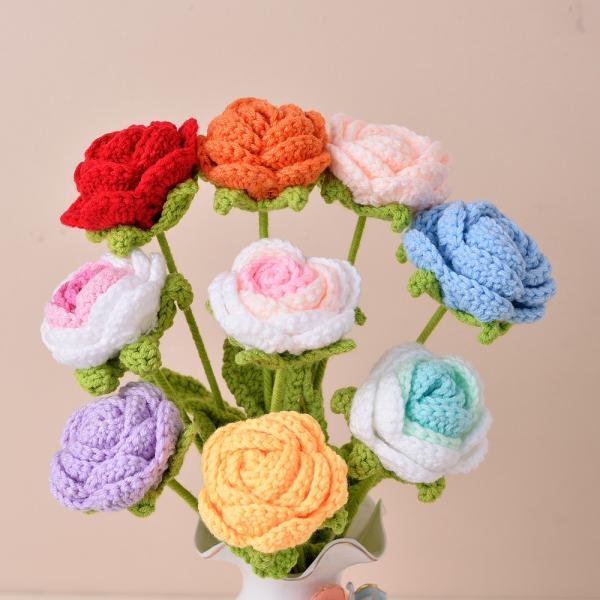 Handmade Knitted Rose Artificial Flowers, Crochet Floral Bouquet, DIY Yarn Knitting, Handcrafted Hook Flower Arrangement
