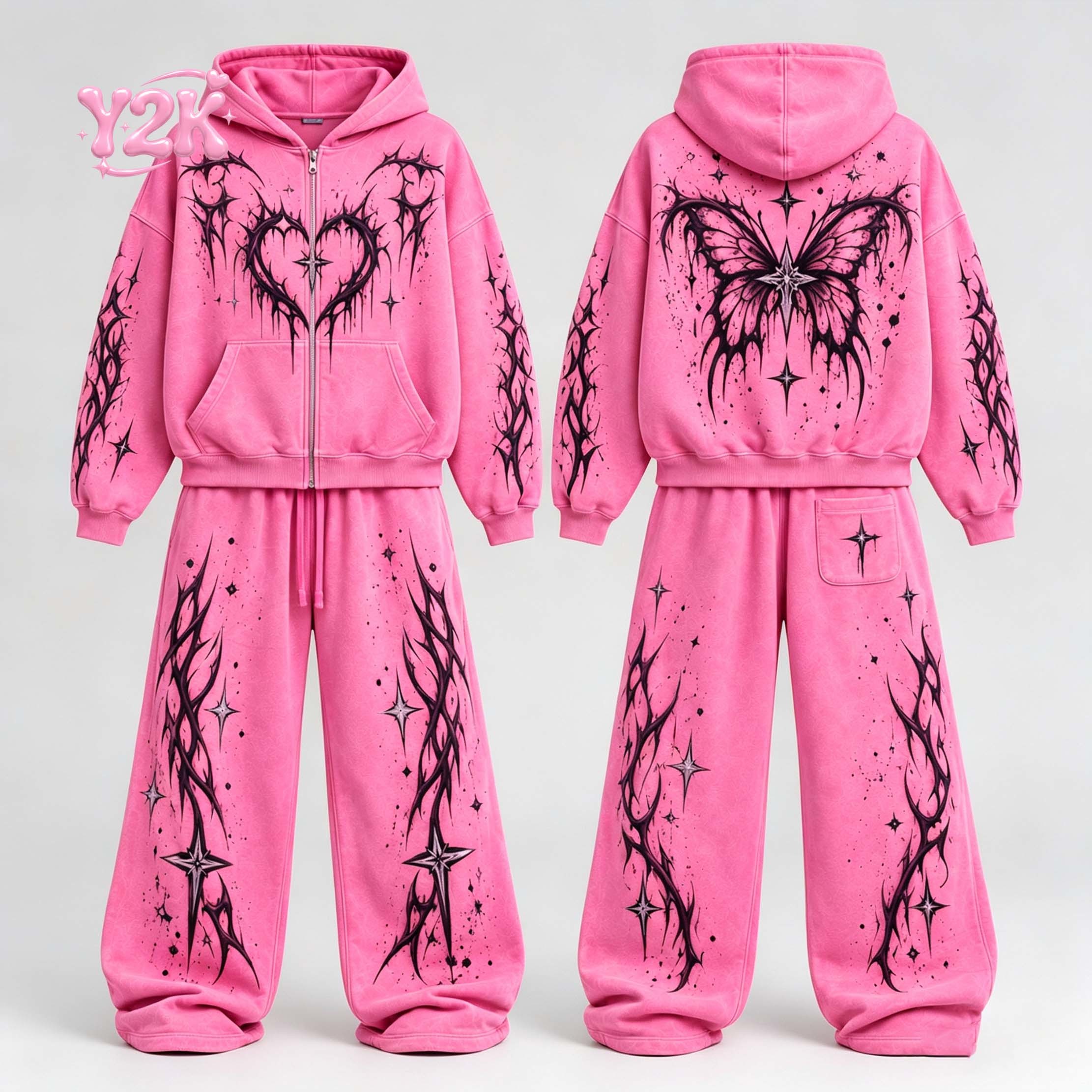 Custom Women Gothic Graphic Tracksuit Oversized Zip Hoodie Wide Leg Sweatpants Halloween Streetwear Fleece Two Piece Outfit Set