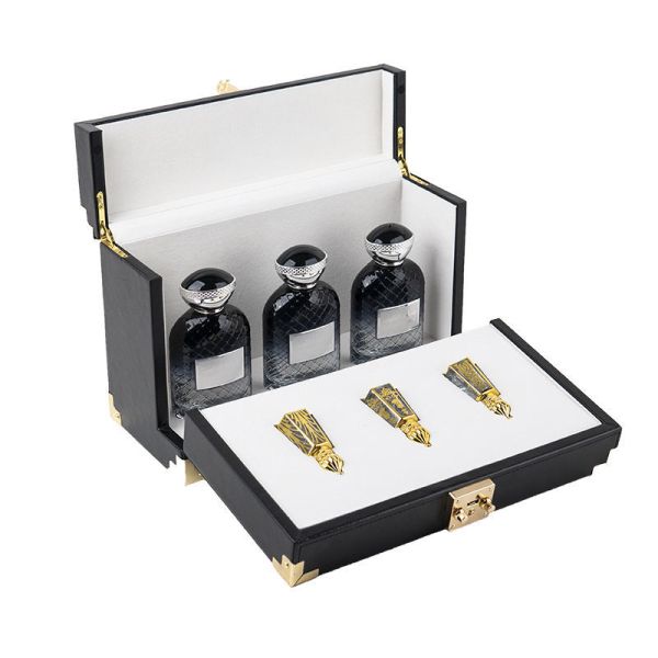 Custom Carved Luxury Black Leather Perfume Gift Box Set Hollow Craft With Gold Foil Stamping Embossed Printing Packaging Logo