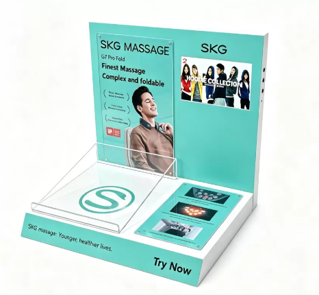 Acrylic Countertop LED Display Stand for Neck Massager, Custom Brand POS Retail Display Rack with Screen Player for Electronic Product Promotion