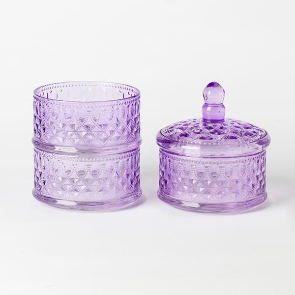 Purple Stacking Clear Glass Storage Jar 10 Inch Height Three Tier Glass Candy Dish