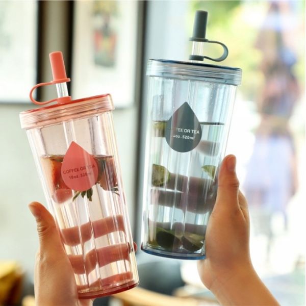 Simple Double-layer Large Capacity Plastic Straw Cup Creative Student Transparent Milk And Juice Water Bottle