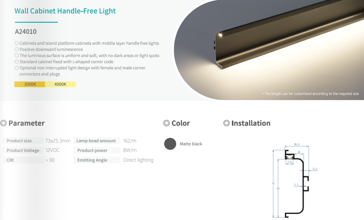 12V Matte Black Handleless Base Cabinet LED Light Downward Shine L Shaped Corner Mount