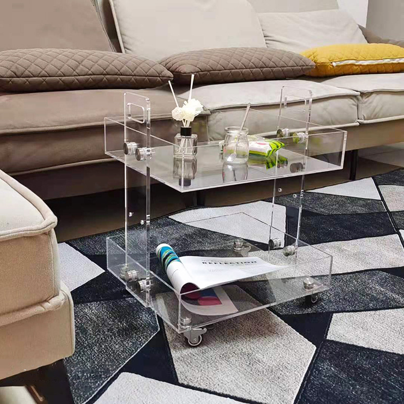 New Design Factory Customized Assembly Rolling Clear Lucite Perspex Food Trolleys Acrylic Storage Carts with Wheels