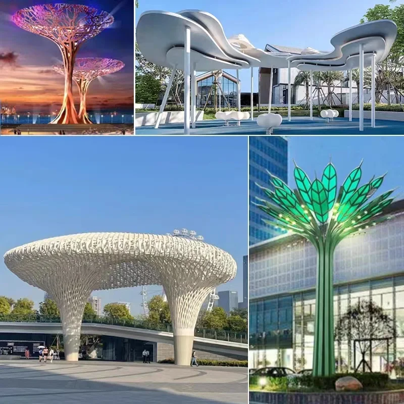 Unique Illuminated Stainless Steel Tree Design with Canopy for Building Individuality