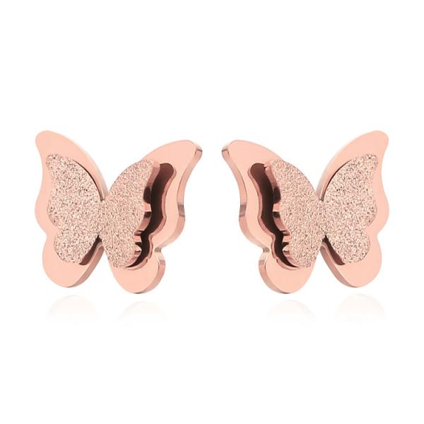 Free Shipping Stainless Steel 18K Rose Gold Plated Double Butterfly Stud Earrings For Women and Girl