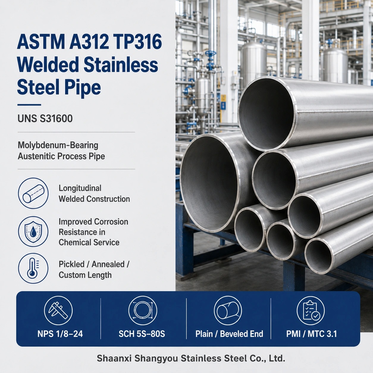 ASTM A312 TP316 Welded Stainless Steel Pipe Molybdenum Alloyed for Pitting and Crevice Corrosion Resistance