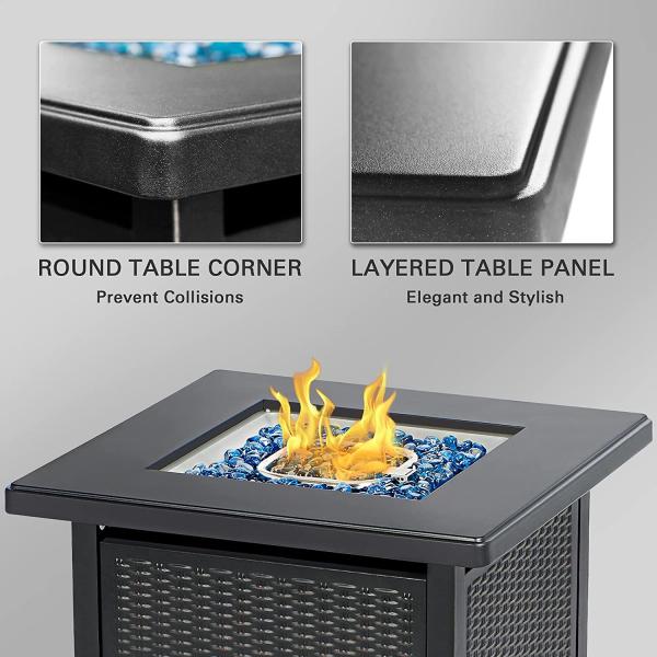 28 Inch Square Natural Gas Fire Pit With Blue Fire Glass For Outside Patio