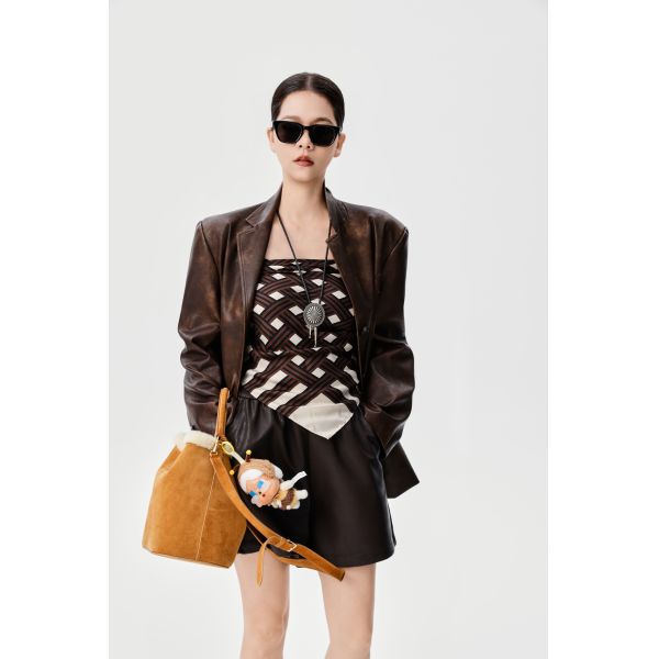 Autumn Style Tie Dye PU Leather Jacket , Dark Brown High Waisted Leather Shorts