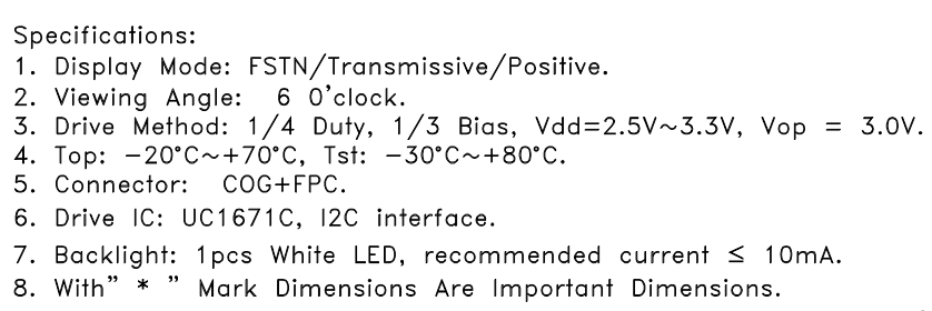 6 OClock View FSTN Positive COG Segment LCD Module Seven Segment Eight Character With FPC UC1671C