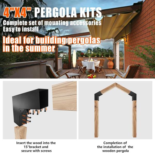 Angle de 15 grados Pérgola Kits de soporte de bracaje de bricolaje Soporte de carpintería en forma de L de 2 vías para madera de 4 "x 4" para el pasillo de la protección de pérgola al aire libre