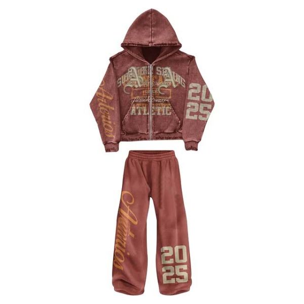 Manufacturer Custom Rhinestone Acid Wash Streetwear Tracksuit High Quality Sweatsuit Plaid Flared Sweatpants and Hoodie Sets