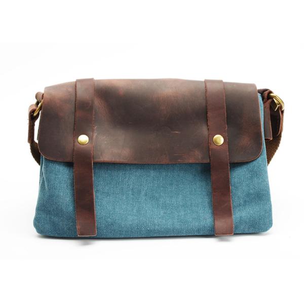 Panelled Color England Style Leather with Waxed Canvas Messenger Bag