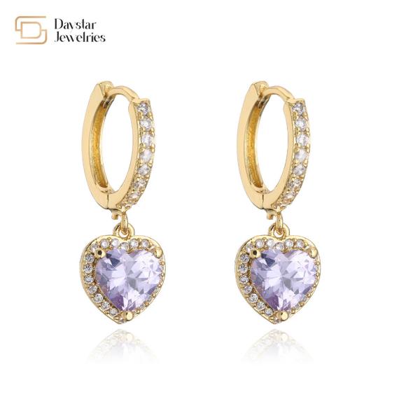 24k Gold Plated Diamond Brass Hoop Earrings , Zircon Crystal Heart Dangle Drop Earrings