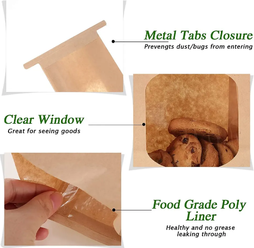 Biodegradable Kraft Paper Snack Bags With Clear Window For Bakery Catering Food Storage And Takeaway
