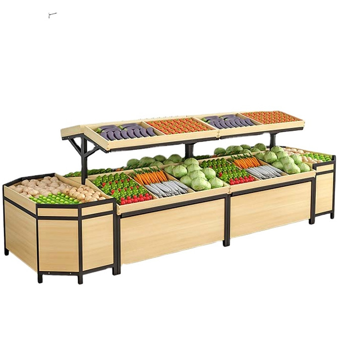 Custom Logo Wooden Fruits and Vegetables Display Rack for Retail Floor Stand Display