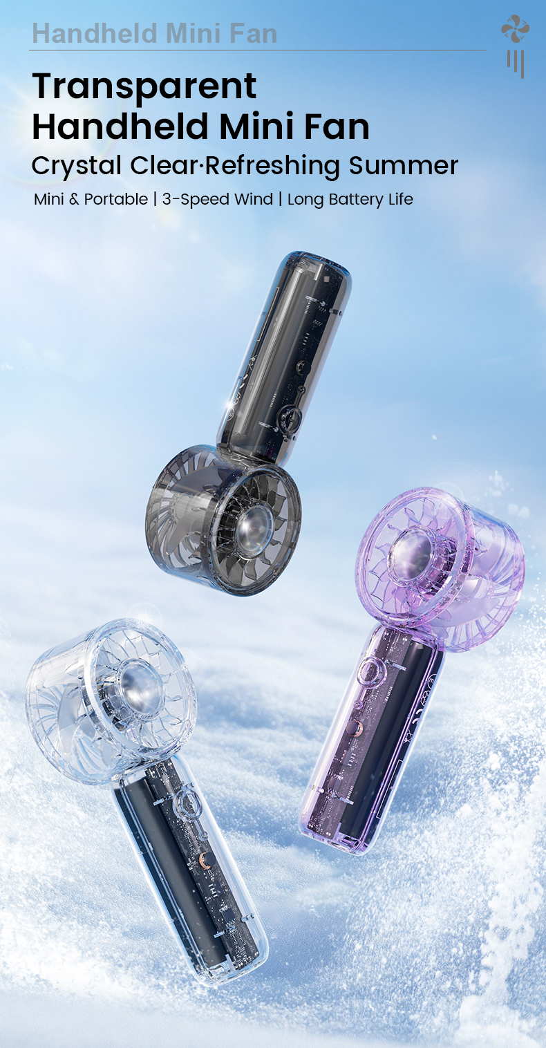 Customized USB Type-C Handheld Fan Transparent Crystal Convenient Mini Plastic Fan Three Wind Battery for Home Car Use Wholesale