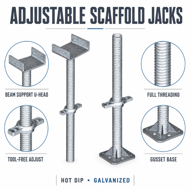 Fully Threaded Galvanized Steel Scaffolding Base Jack Square Base Plate Heavy Duty Adjustable Screw Jack Leveling Jack