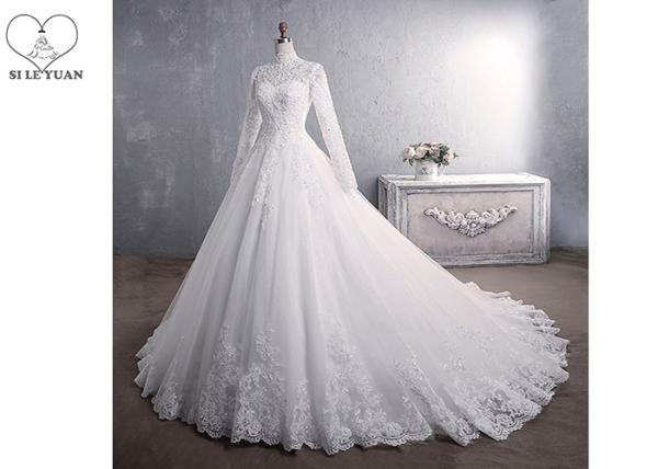 Pure White High Collar Beading Long Tail Bridal Gown / Long Sleeve Bridal Dresses