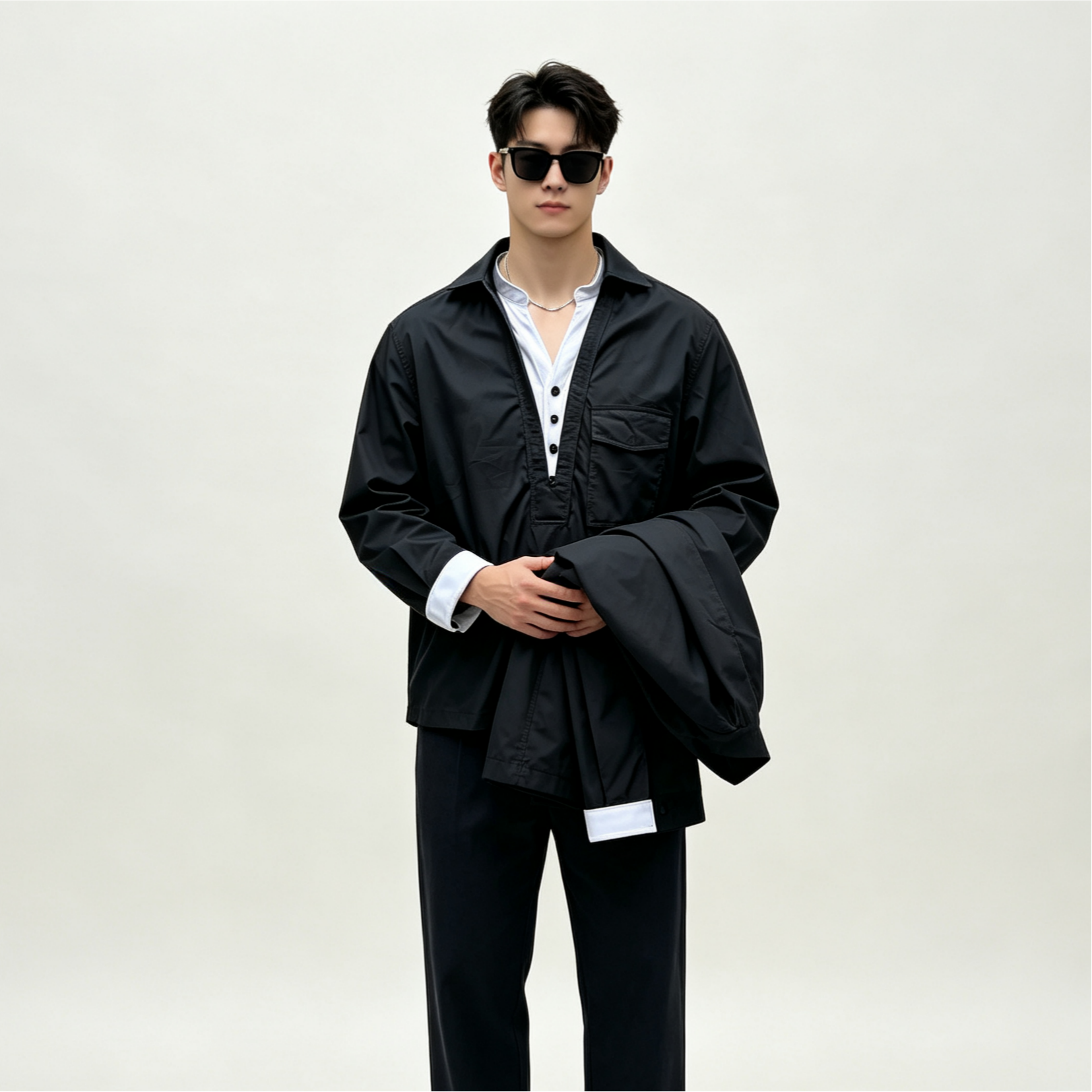 Fake Two Tone Contrast Collar Long Sleeve Shirt, Black White Half Placket Casual Men’s Pocket Shirt