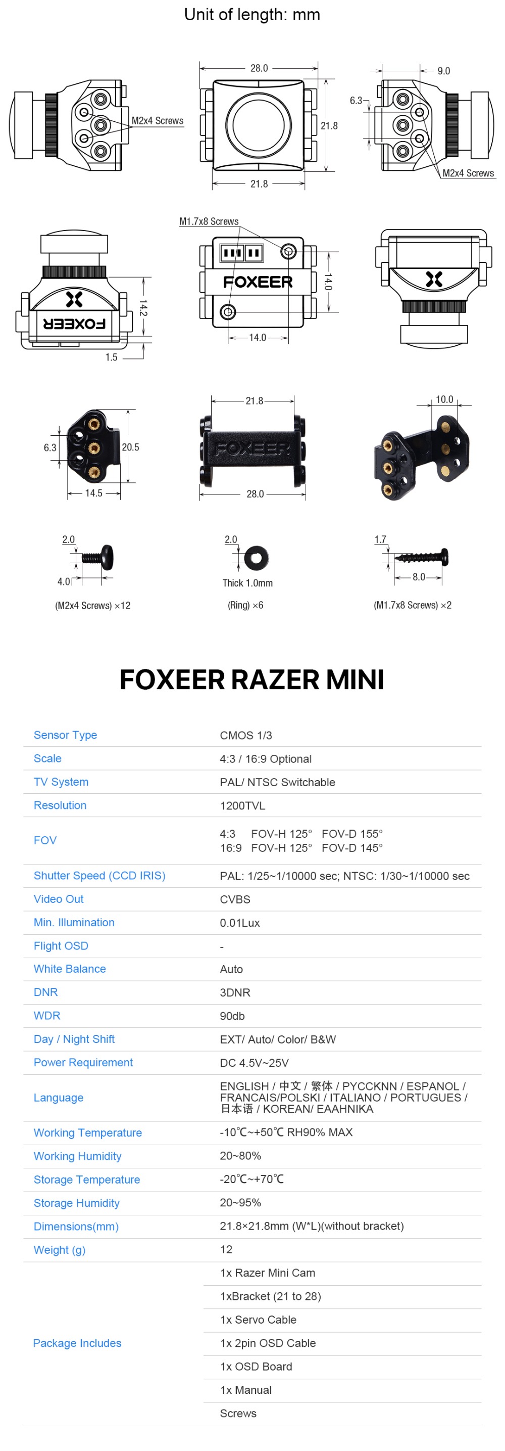 Factory Outlet Foxeer Mini HD 5MP 2.1mm M12 Lens 1200TVL Standard FPV Camera
