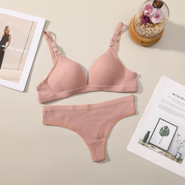 Wholesale 2024 Women Pure Cotton Thong Panties With Bra Set Hot Selling Women Bra With Panty Set Cotton