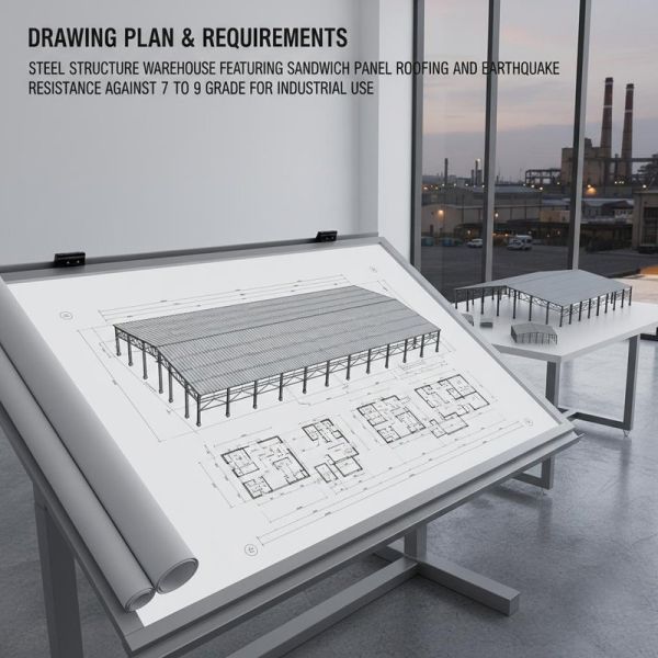 Drawing Plan s Requirments Steel Structure Warehouse Featuring Sandwich Panel Roofing and Earthquake Against 7 to 9 Grade for Industrial