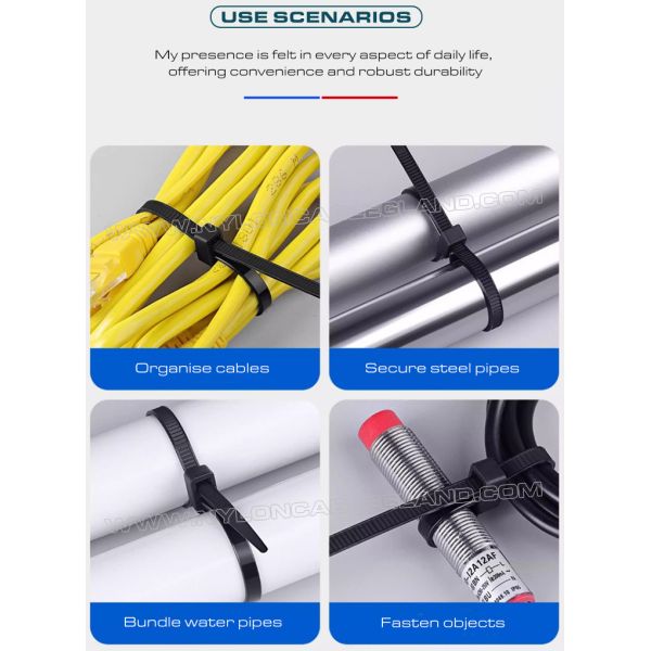 Double-Head Plastic (Nylon 6.6 / PA 6.6) Cable Tie 300x4.8mm, Double-Loop Type, 50 Lbs, UL94 V-2, Versatile Use