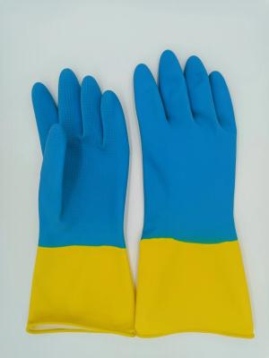 Blue Yellow Latex Industrial Bicolor Glove Home Flocked  Chemical Resistance