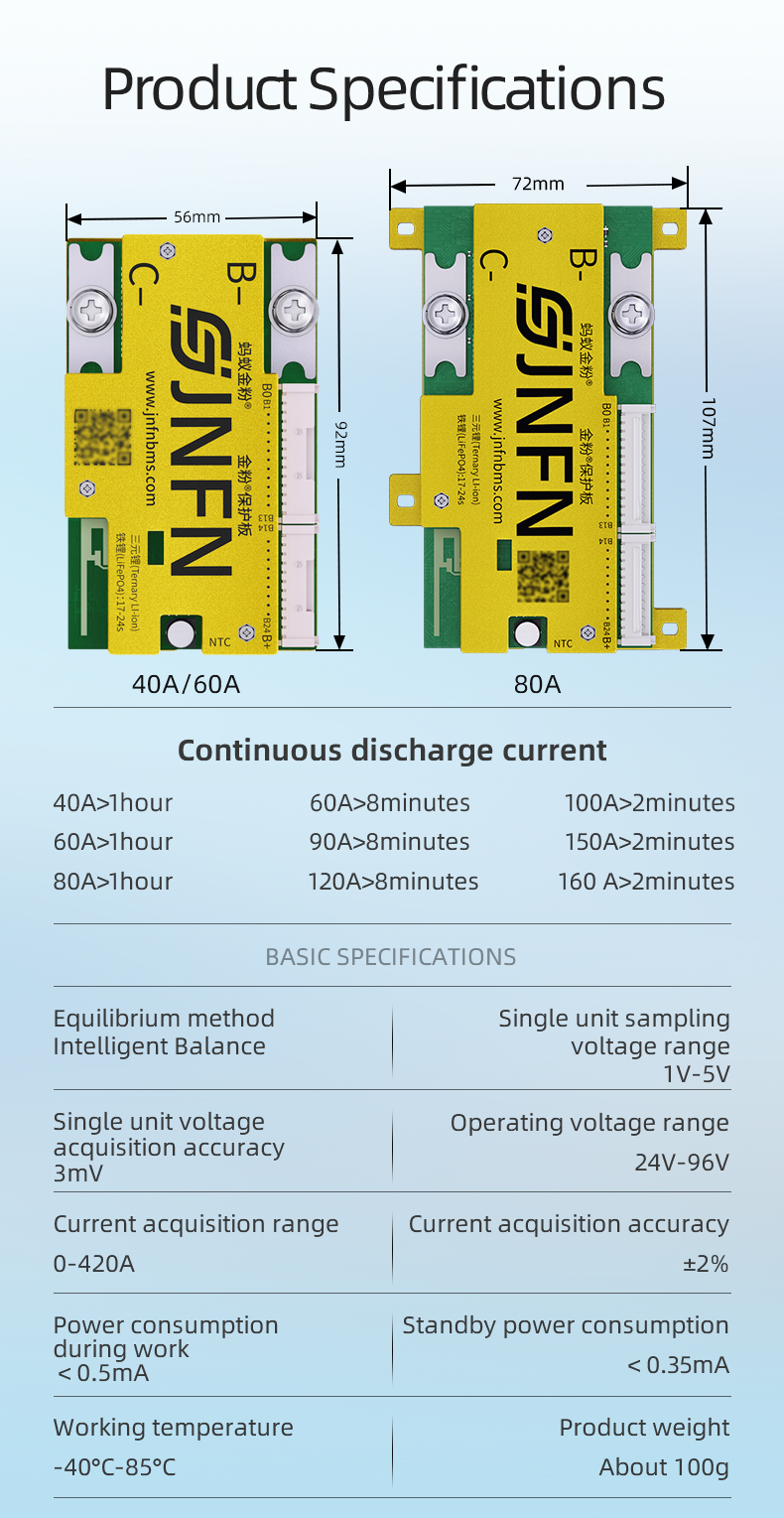JNFN ANT Smart Integrated BMS 48V 60V 72V 17S 20S 24S 40A-80A For LiFePO4 Li-Ion LTO Battery With Bluetooth UART For E-Bike