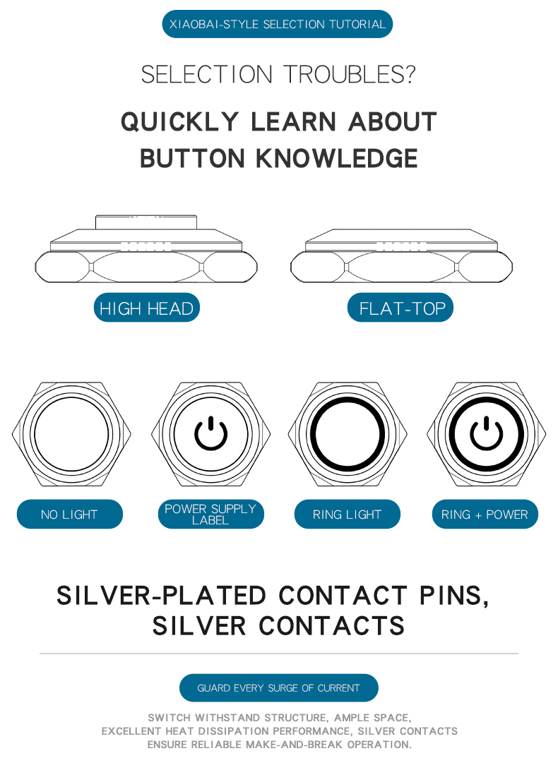 22MM10A High-Current Metal Push Button Switch with Light, Self-Reset and Self-Locking, Normally Open and Normally Closed