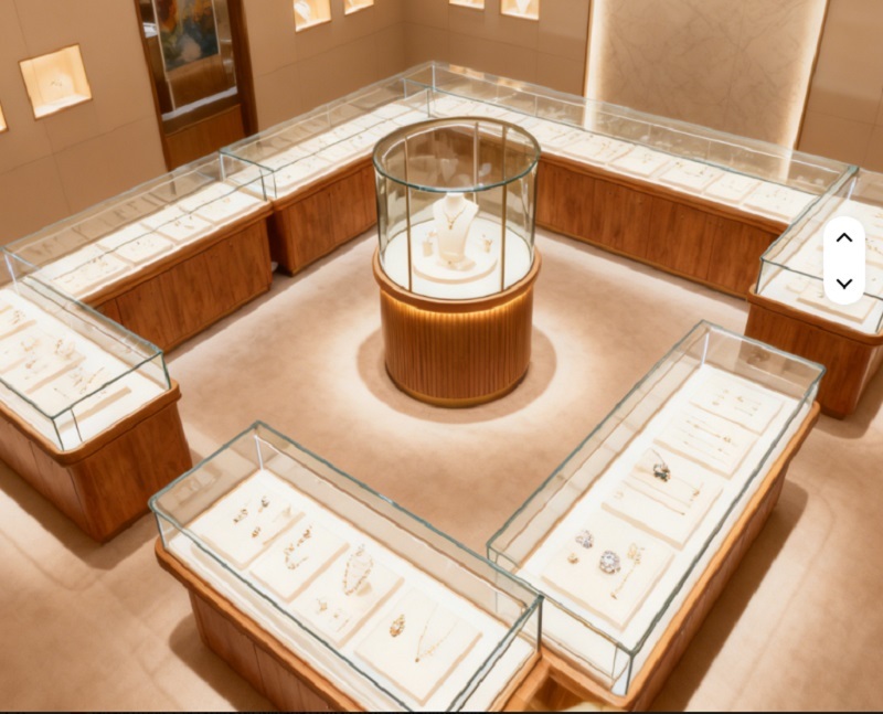 Luxury Natural Wood Gold Jewelry Mall Display Set Complete Turnkey Fixture Package Central Cylinder Showcase Wall Cabinets