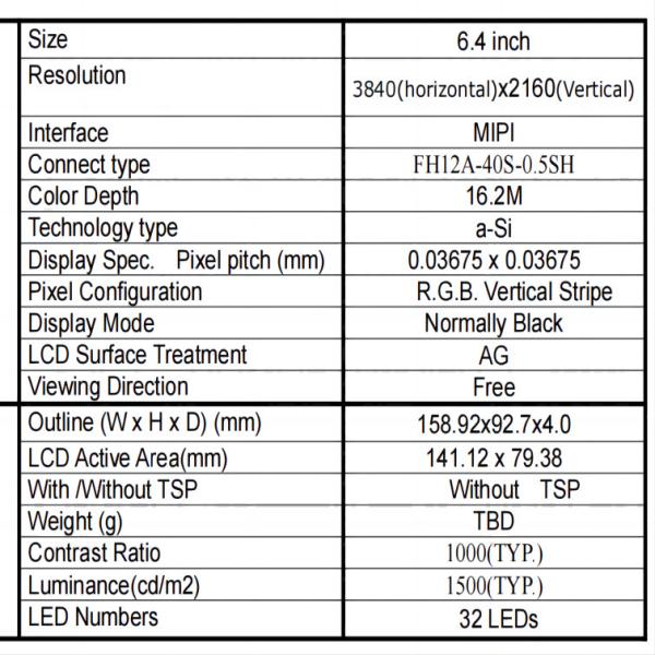 6.4 Inch FHD TFT Display High Brightness 3840*2160 MIPI Interface 1500c/D