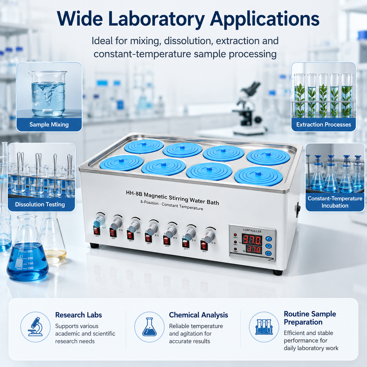 Cenlee OEM 8-Position Magnetic Stirring Water Bath 100°C 1500W for Laboratory Sample Mixing Chemical Research