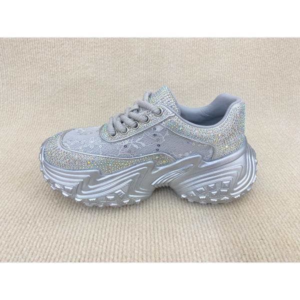 Women silver leather sneakers with bling crystal and breathable mesh upper lacing