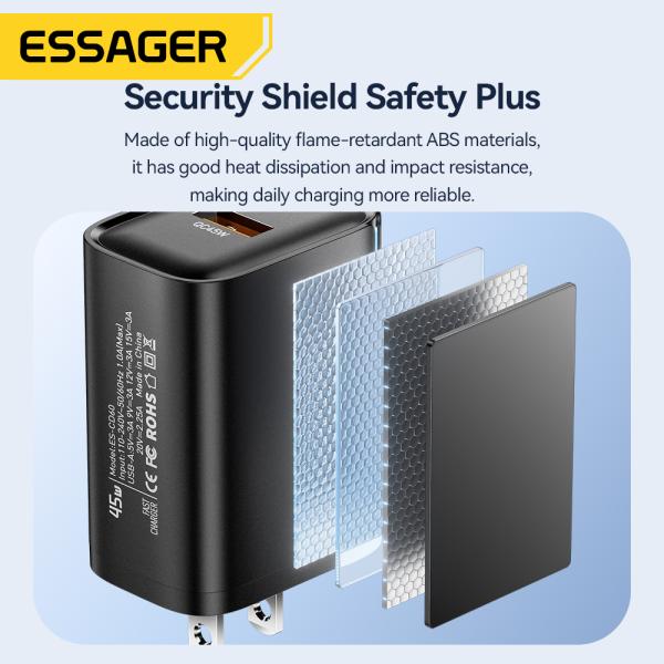 45W QC3.0 5V 3A ESSAGER ES-CD60 Super Fast Charging USB Wall Charger for Travel and Phone Flash