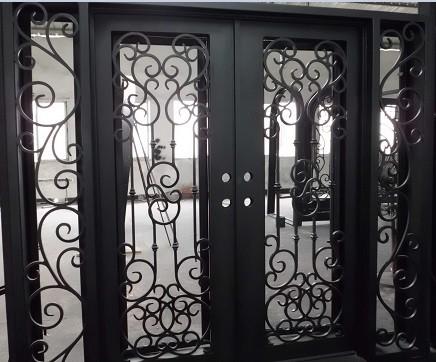 Flat Top Wrought Iron Double Door With Side lights