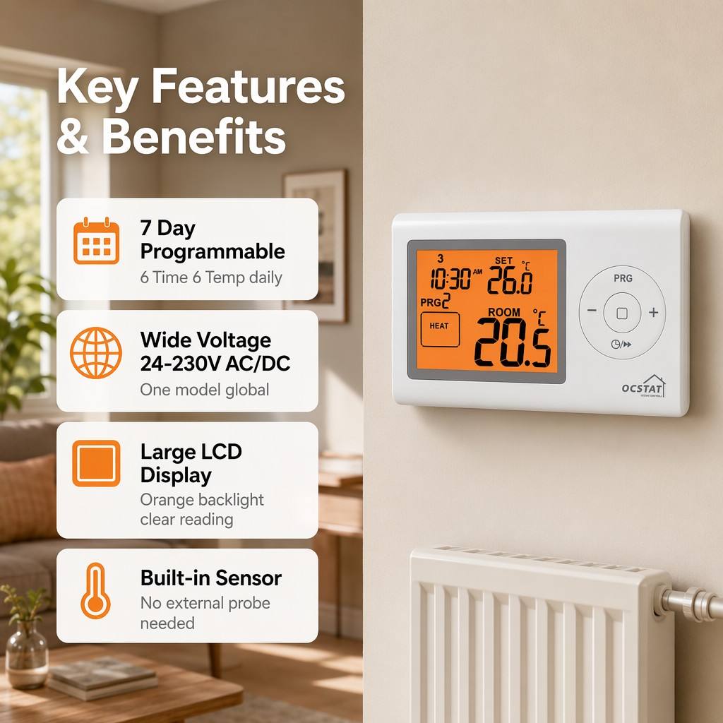 White Color Digital Room Thermostats with Digital Display Style