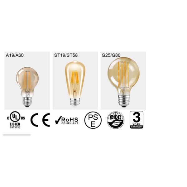 Long Lifetime 6W Dimmable Led Filament Bulb in Amber Warm Yellow Light for E26 Base