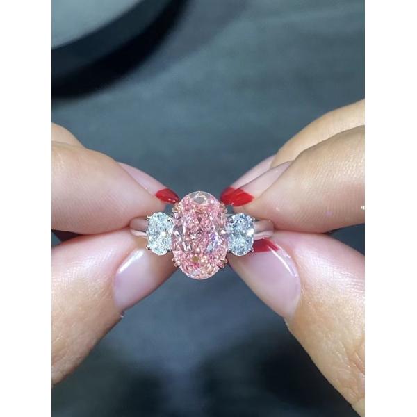 Large Size 3.52ct Pink Lab Created CVD Diamond Ring Oval Shape 18k White Gold Ring