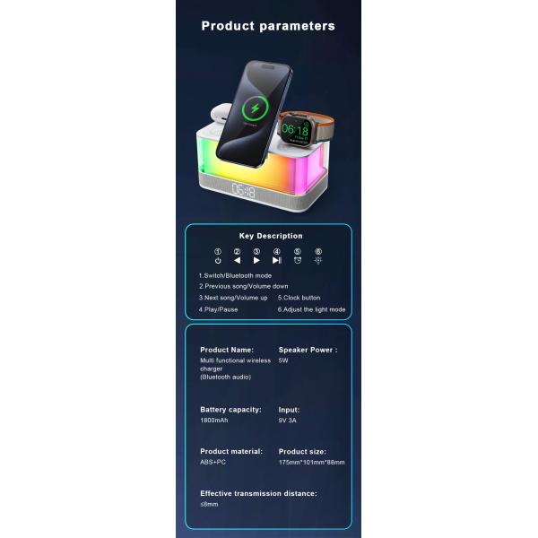 Беспроводное зарядное устройство с поддержкой Qi и динамик Bluetooth с яркими огнями Совместимость устройств с поддержкой Qi