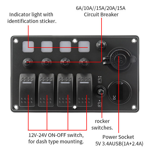 15A IP68 Black 4 Gang Boat Switch Panel Waterproof single touch
