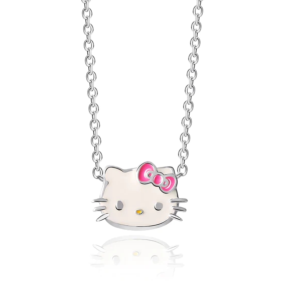 Émail rose blanc Hello Kitty Pendentif en argent sterling Plaqué au rhodium