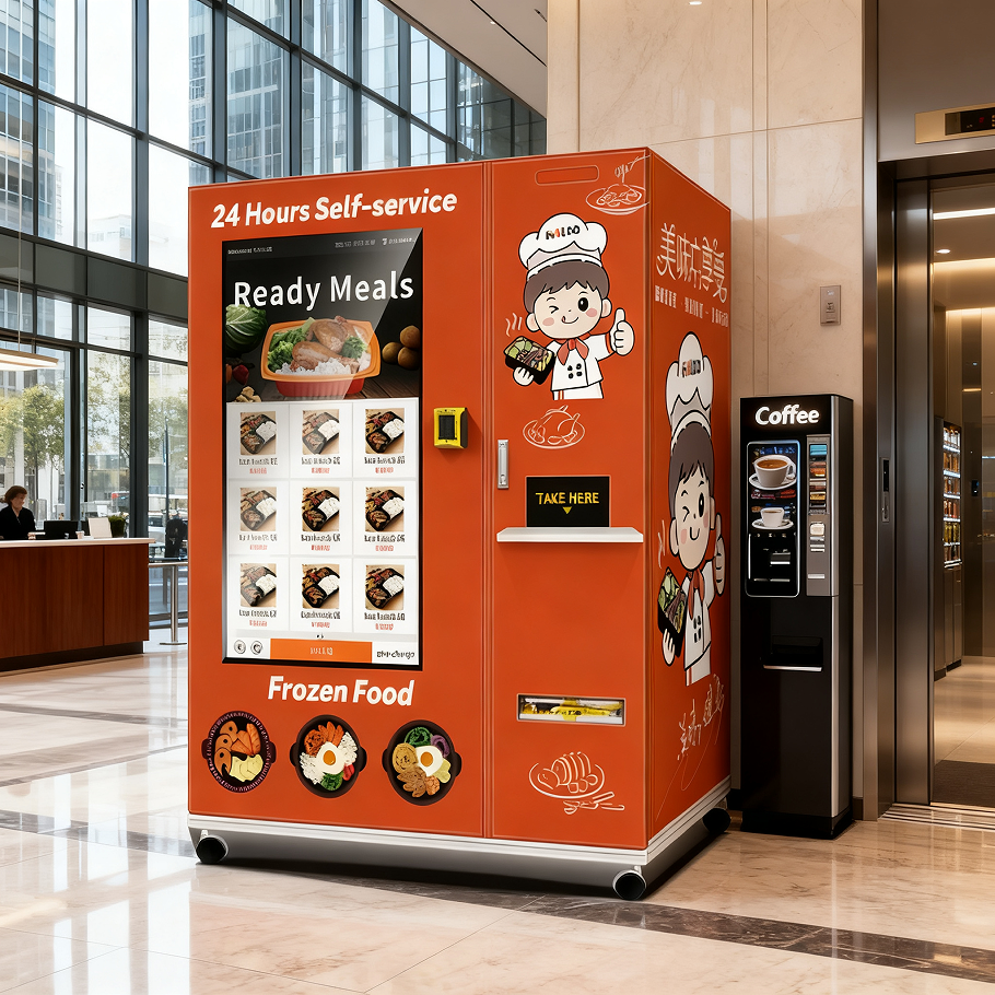 24-hour single microwave frozen hot food vending machine, equipped with a 49 inch large screen and Sdk function