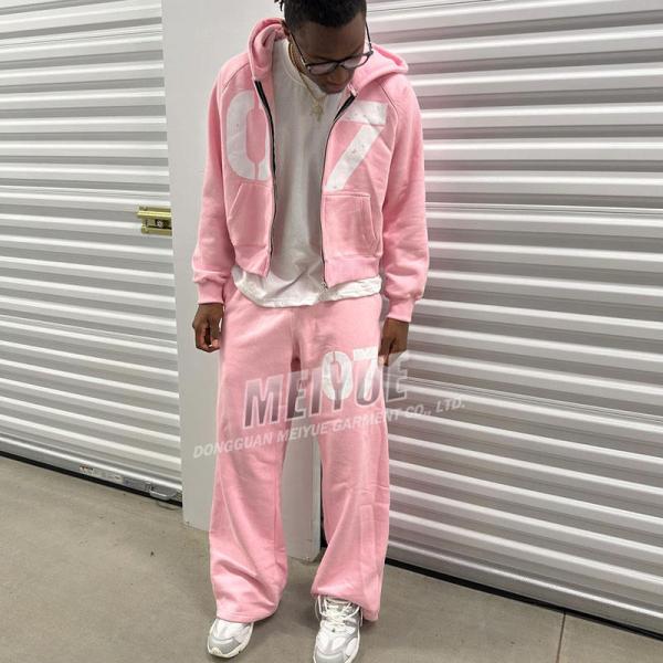 Ensemble de survêtement à capuche zippée surdimensionnée avec impression personnalisée rose, pantalon de jogging évasé ample rose, survêtement pour hommes