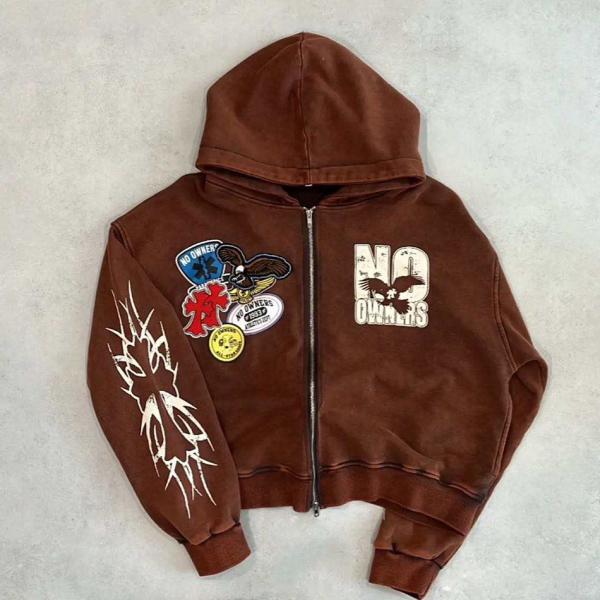 French Terry Acid Wash Zip Through Hoodie Crop Top Hoodie Double Way Zipper Pullover Patch 3d