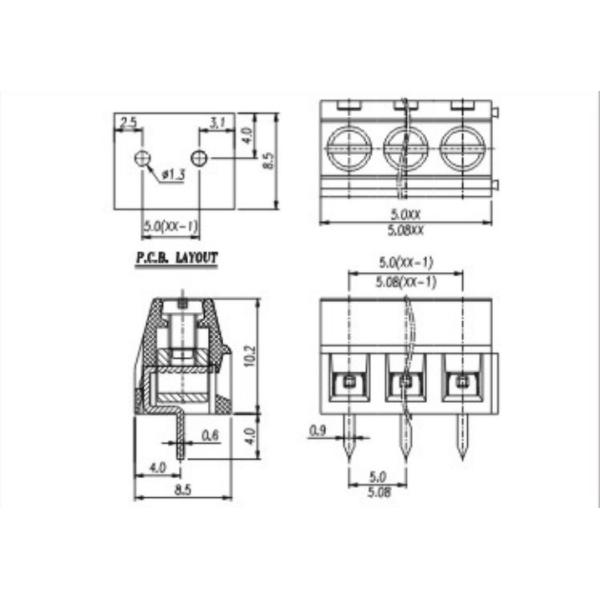 Поляки терминального блока 2 винта Pcb HQ127V-5.0/5.08mm придают квадратную форму электрическому