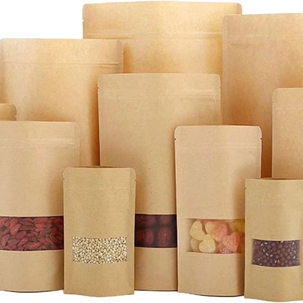 OEM ODM Foldable Biodegradable Window Moisture-proof Resealable Plastic Bags Kraft Paper Packaging Bags
