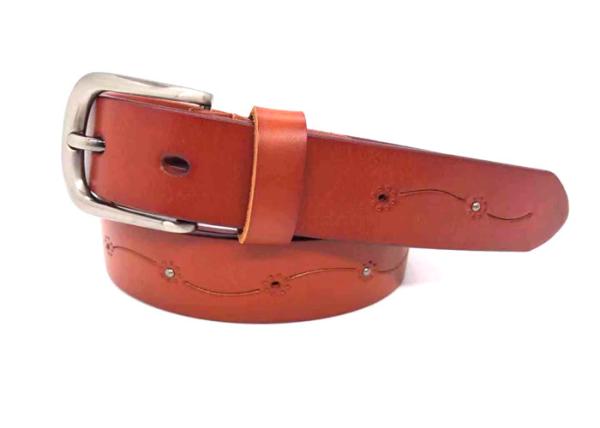 Fashion Womens Studded Leather Belt Punching With Flower Pattern Zinc Alloy Buckle